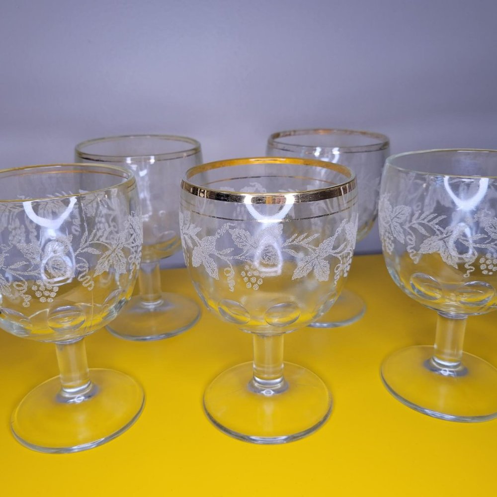 Vintage Set of 5 Etched Glass Goblets